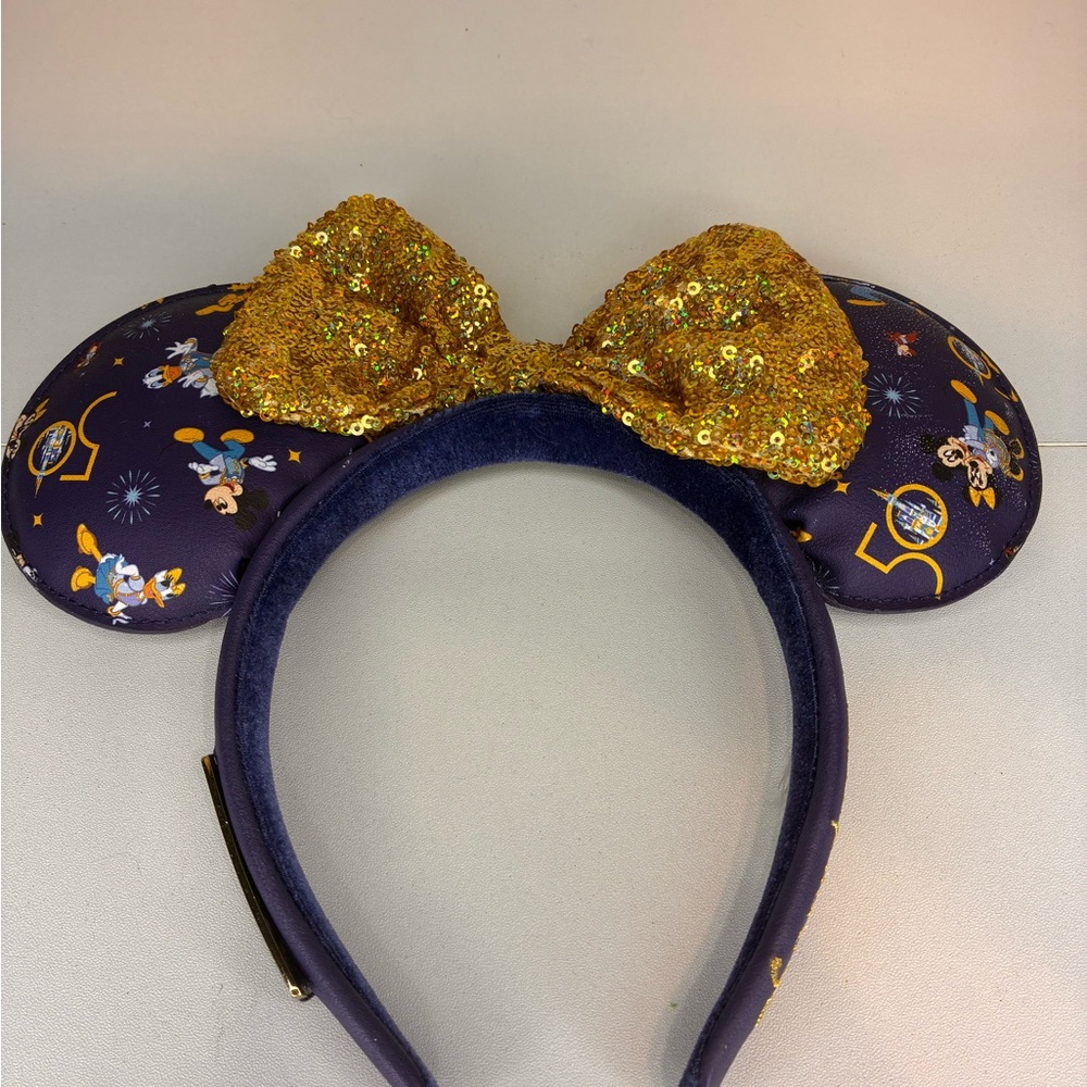Disney Gold and Purple Sequin Bow Minnie Ears 50th loungefly